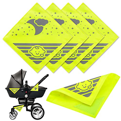 Sealmic 4 Stück Reflektoren für Kinderwagen Universal Sicherheits Reflektoren mit Klettverschluss,Ideal für Buggy, Fahrräde, Anhänger und mehr,Süsses Babys & Wolken Mond Sterne Motiv-Neon Gelb