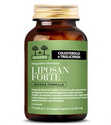 Liposan Forte Nuova Formula Salugea - Integratore a base di Riso Rosso fermentato per Colesterolo e Trigliceridi - 60 capsule vegetali in flacone di vetro scuro - 100% naturale