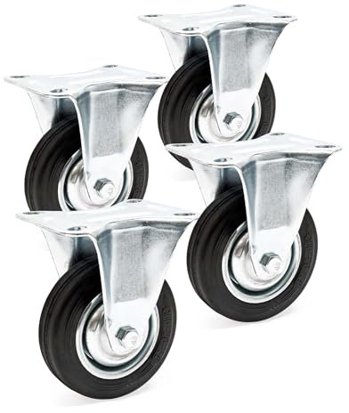 Wiltec Kit de 4 Roulettes fixes – Ø 100 mm – Capacité de charge 70 kg – Roue en caoutchouc avec Plaque de montage et Jante métallique – Dispositif de transport, usage sans traces