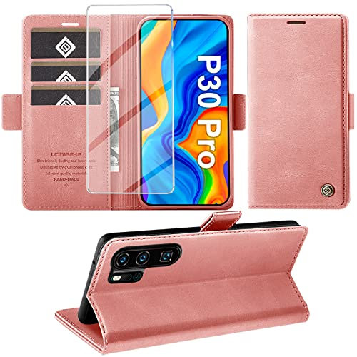 Giyer Handyhülle für Huawei P30 Pro Hülle mit Schutzfolie, Standfunktion Kartenfach Wallet Premium Leder Schutzhülle P30 Pro Flip Case Cover Stoßfeste Klapphülle für Huawei P30 Pro 6.47 Zoll (Rosa)