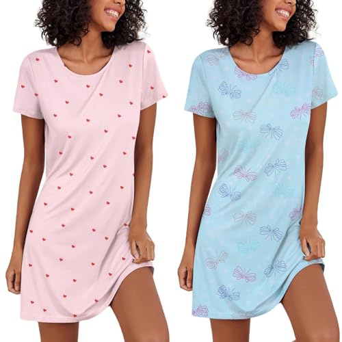 Ekouaer Nattlinne damer, tvådelad sovskjorta, kortärmade nattkläder, sovskjorta, lätt sovtröja, 2-pack, S–XXL, Hjärta fjäril, M