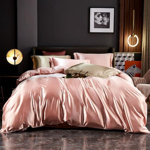 Freyamy Housse de Couette Satin 140x200cm+1 Taie d'oreiller 65x65cm Rose Unie Luxe Parure de lit en Satin de Soie Brillante Sets de Housse Couette Adulte avec Fermeture Éclair Linge de Lit
