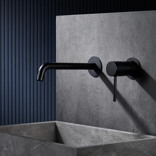 IMEX - Grifo Lavabo Negro Empotrado | Grifo Empotrado Baño con Agua Fría y Caliente | Grifo Monomando Lavabo Pared con Ahorro de Agua | Serie Monza | Color Negro Mate