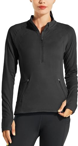 Willit Chaqueta de forro polar para mujer, camiseta térmica ecuestre de manga larga, media cremallera, equipo de invierno, Negro, M