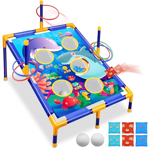 3-in-1 Bean Bag Toss Game Toy,Outdoor Toss Game with Stand for Ring Toss,Bean Bags & Balls, Family Party Supplies for Kids,Birthday for Boys,Toddlers Ages 3 4 5 6 Years Old