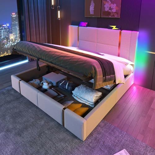 KOMHTOM Rembourré Lit Coffre avec USB Type C Fonction de Charge et Rangement sous Le lit, Sommier à Lattes, Cadre de lit, Modernes(sans Matelas) (140×200cm)