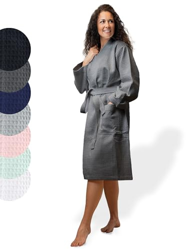 SIEGENTHAL® Damen Bademantel Waffelpique 100% Baumwolle mit Schalkragen Leicht Morgenmantel - Dunkelgrau S - M