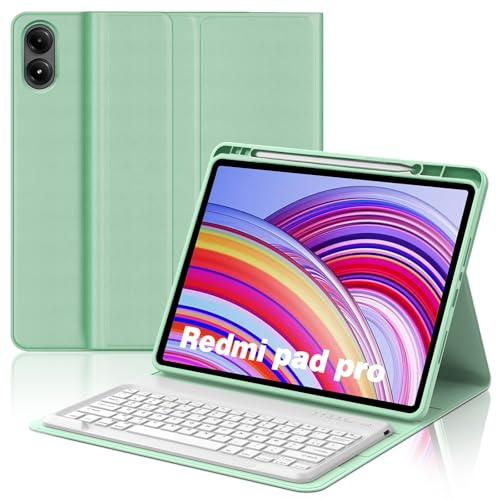 JADEMALL Etui Clavier pour Redmi Pad Pro 12.1 2024, AZERTY Français Bluetooth Magnétique Détachable avec Fente pour Stylo pour Tablette Redmi Pad Pro 12.1, Vert Clair