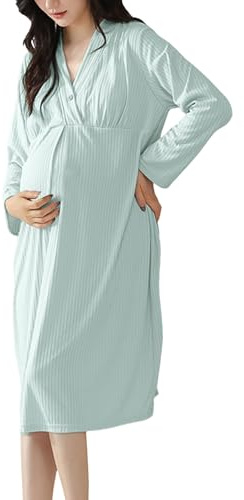 Nachthemd Damen Baumwolle Mutterschaft Stillnachthemd Langarm V Ausschnitt Umstandsnachthemd Stillen mit Knöpfen Geburtskleid Umstandskleid Umstandsmode für Schwangere Stillende (Mint Green, XL)