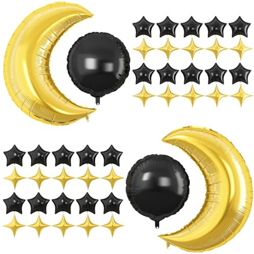 Palloncini Stella e Luna,44PCS palloncini Luna e Stella,Palloncini Eid Mubarak,Palloncini Grandi in Mylar a Forma di Luna,Palloncini in Mylar a Forma di Stella Decorazione Della Festa (Nero)
