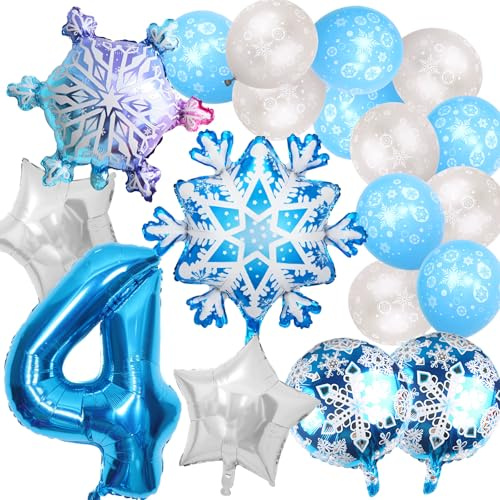 19 Piezas Globo Numero 4 Cumpleaños, Globos Copos de Nieve, Globos de Aluminio de Copo de Nieve, Decoraciones de Copos de Nieve para Fiestas de Cumpleaños