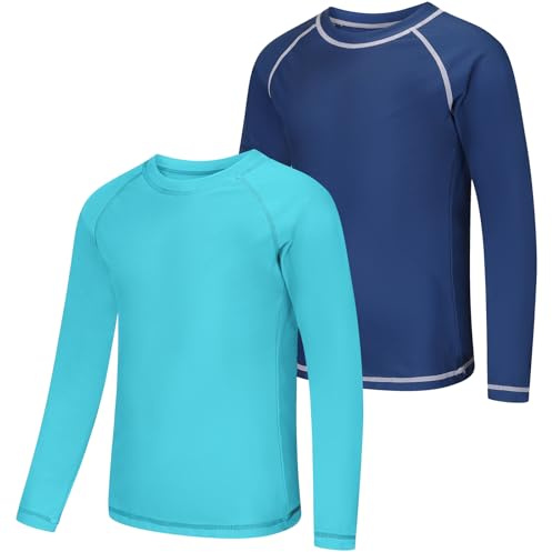 Zoofly UV Shirt Kinder Badeshirt Rashguard-Shirts für Jungen Langarm UPF 50+ Sonnenschutz Rash Vest Kinder UV Kleidung Schwimmen Shirt, 2er-Pack, Himmelblau/Dunkelblau 12-14 Jahre (L)