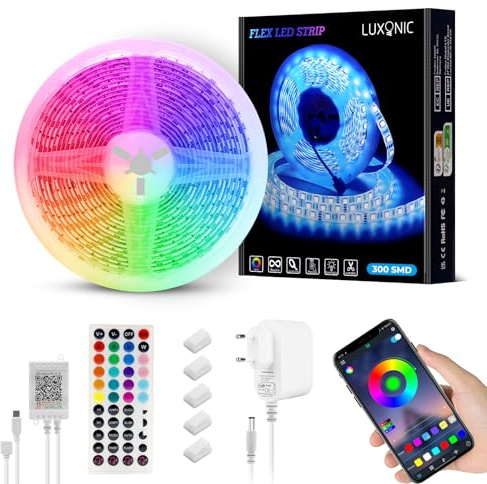 LUXONIC Striscia LED 5M, 60 LED/m, 300 LED Super Luminoso, Impermeabile, 24V 5050 RGB Esterna Flessibile Luci LED Bluetooth APP e Telecomando, Sincronizzazione Musicale, Cucina, Camera da Letto, Bar