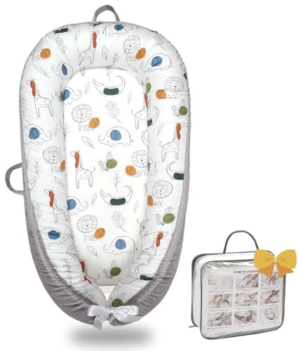 Baby Lounger-Breathable and Soft Organic 100% Cotton, Portable Infant Lounger with Removable Lounger Cover, Floor Lounger for Newborn - Crocodile & Elephant