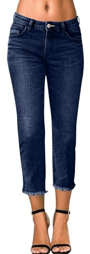 Womens Mid - Rise Slim Fit Cropped Jeans, Stretchy Straight Leg Frayed Hem Denim Pants Crop Jeggings for Women UK Ladies Three Quarter 3/4 Length Jeans Trousers with Pockets