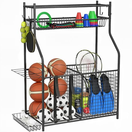SPORTNOW Contenitore per Attrezzature Sportive, organizzatore per palloni e Giocattoli con cestini, Ganci Rimovibili, Cinghie Elastiche, per Interni ed Esterni, Garage della Scuola, Nero