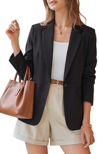 Arach&Cloz Womens Blazers for Business Casual 2026 Fashion Linen Blend Open Front Long Sleeve Suit Jackets Trendy Work Office Blazer with Pockets Dressy Summer Clothes for Women Black M