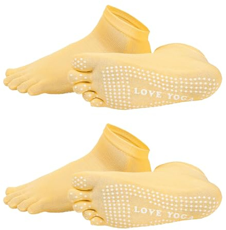 YELARXI Yoga Toe Socks, Non-Slip Five Toe Socks Cotton Toe Sock Finger for Men Women High Performance Running One Size Fits -Fit for (Pilates/Barre/Ballet/Fitness) 2 Pairs & Light Yellow