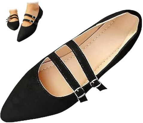 Mary Jane Ballerines plates confortables en daim à double sangle pour femme Imprimé léopard Bout pointu Pour le travail habillé, Noir , 36.5 EU