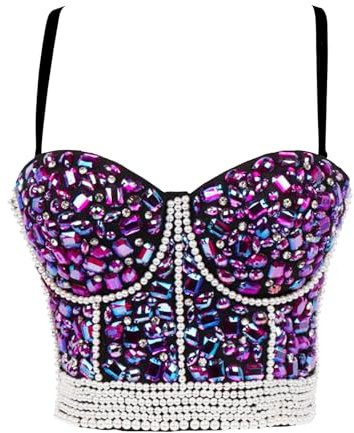 Woboren Mujeres Burlesque Dance Clubwear Body Shapewear Cincher Perla Cadena de Diamantes de imitación Bustier Corset Sujetador corsé Top