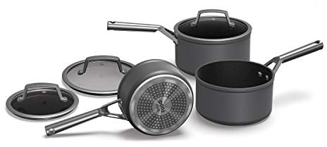 Ninja ZEROSTICK Premium Cookware 3-Piece Saucepan Set with Glass Lids, Long Lasting Non Stick 3 Pan Set, Hard Anodised Aluminium, Induction Compatible, Grey, C33000UK