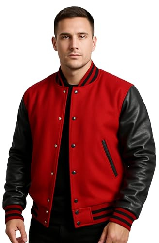 NM-Fashions Mens Red & Black Varsity Letterman Jacket with Leather Sleeves – Wool College Baseball Bomber Jacket for High School, 2XL