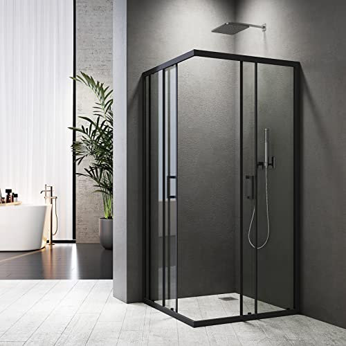 BD-Baode Duschkabine Eckdusche Schiebetür 90x75x185cm Eckeinstieg ‎Schwarz-matt, Duschkabine Doppel Schiebetür Duschkabine 6mm ESG Glas, Höhe 185cm Duschabtrennung Schiebetür