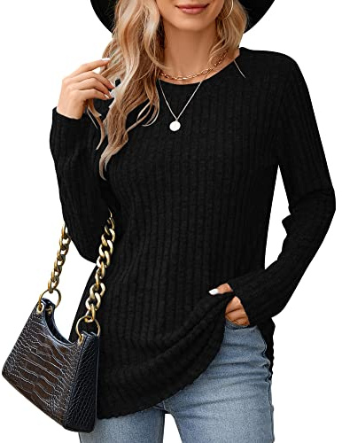 WNEEDU Maglie a Maniche Lunghe da Donna, Felpe Girocollo Leggere e morbide, Maglioni a Righe Tinta Unita da Donna, Maglioni Pullover Nero S
