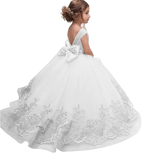 PLWEDDING Encaje de manga larga vestido de niña de flores princesa vestido de tul para niños vestidos de primera comunión, Blanco Sin Mangas, 8-9 años