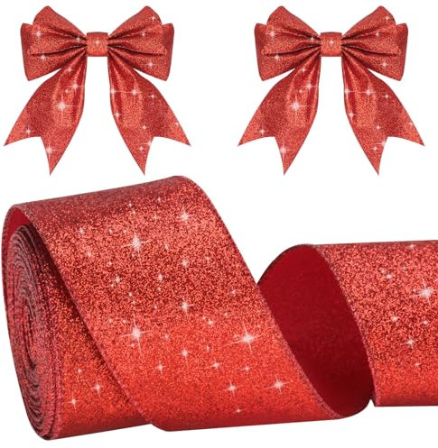 KINGLAKE Red Glitter Christmas Ribbon, 6cm Metallic Wired - 10m Decorative Gift Wrapping Ribbon for Wreath, Crafts, Christmas Tree & Wedding Decorations