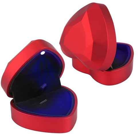 YiliYa 2 Stück Ring Box,Ringschachtel mit LED-Licht Herz Ringkästchen Ringschatulle mit Samt Interieur Schmuck Präsentationsbox für Vorschlag Verlobung Hochzeit(Rot)
