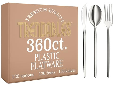 Silver Plastic Silverware Set Silver Silverware Disposable Forks and Spoons Disposable 360 Pack Plastic Utensils Set Includes 3 x 120 each Knives & Spoons & Forks For Parties and Events by Trendables