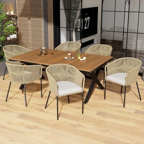 Merax Juego de 6 sillas de jardín con mesa de comedor, grupo de comedor para exteriores, con cojín de asiento, marco de metal, mesa de madera de acacia, respaldo de silla de cuerda, muebles de
