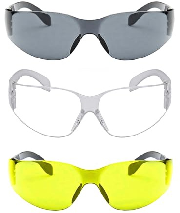 Lightweight Safety Glasses, 3 Pack Work Glasses Eye Protection Safety Goggles for Lab Work Cycling Night Driving, Anti Dust Anti Fog (Clear+Grey+Yellow)