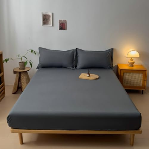Mesnt Spannbettlaken Spannbetttuch, 100 x 200cm Baumwolle Einfarbig Spannbetttücher Elastisch Bettlaken Weich und Knitterfrei, Dunkelgrau-Dünn