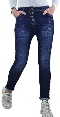 Jewelly Stretchjeans, dambyxor, säckiga, boyfriendsnit, dekorativ knappstängning, perfekt passform, Lyxigt denimhjärta, M