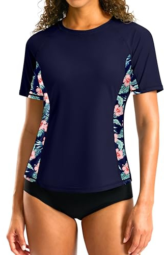 SANTINY Rash Guard for Women UPF 50+ Bathing Suit Sun Protection Short Sleeve Swimsuit Top Quick Dry Swim Shirts for Women (Navy # Floral_L)