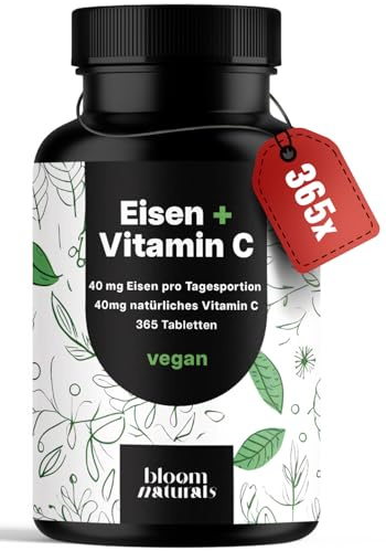 Eisentabletten hochdosiert mit Vitamin C- 365 Tabletten - Eisenbisglycinat/Eisen hochdosiert mit Vitamin C, Eisen Vitamine C vegan & produziert in Deutschland - Laborgeprüft