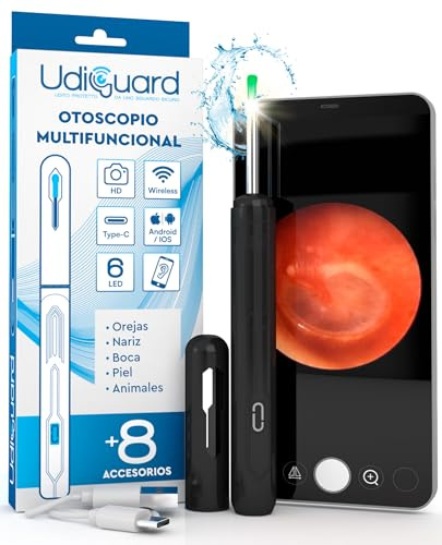 Otoscopio Pulizia Orecchie Rimozione Cerume con Telecamera 1920p WiFi 3,6mm - UdiGuard Pulitore Orecchie Digitale con 6 Luci LED Bambini Adulti Animali - Compatibile con iPhone iPad Android Nero