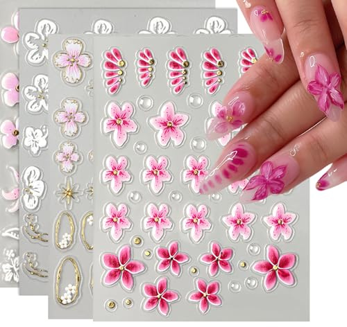 Shimmerz 4 Sheets Flower Nail Stickers Spring Relaxation Lilies Nail Art 3D Acrylic Flower Relief Stencils Gold Star Cherry Blossom for DIY Nail Decoration