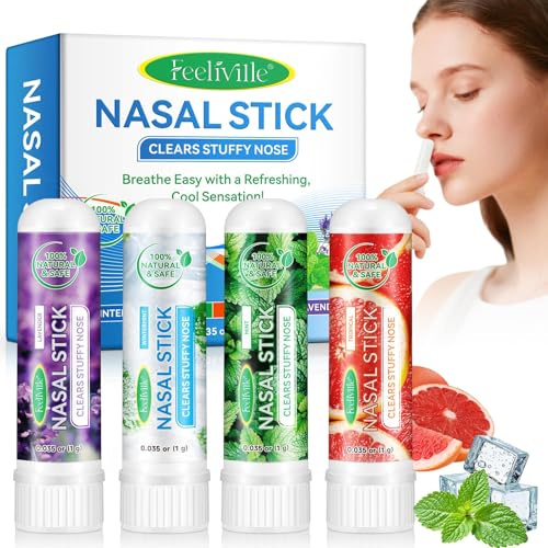 Nasal Stick 4 Pack - Relief from Stuffy Nose, Colds & Catarrh, Enhances Breathing and Boosts Focus, 100% Natural Essential Oils & Menthol, Cool Sensation