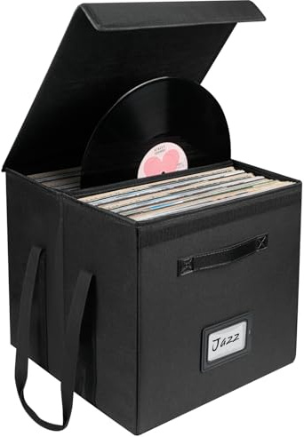Uniclife Caja para Almacenar Discos de Vinilo, Organizador Plegable para LP con Tapa y Asas, Caja Impermeable a salpicaduras para Álbumes para 120 Discos Individuales, 33 × 33 × 33 cm