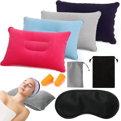 Aufblasbares Kissen, 4 Stück Camping Reisekissen mit 4 Kordelzugtaschen Augenmaske Ohrstöpsel, Luftkissen Kopfkissen, Reisekissen Aufblasbar Campingkissen Velour Kissen für Camping Reisen(22x34cm)
