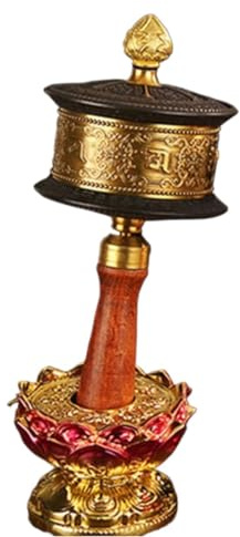 Rueda de Oración Tibetana, Instrumento de oración budista tibetano giratorio a mano for rezar, rueda tibetana de cobre de mano con base de loto y pergamino de mantra, A