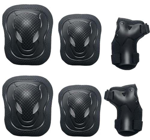 Adjustable Sports Protective Gear Set - 6 PCS Breathable Knee Elbow Guards with Mesh Storage Bag for Skate, Skating, Biking & Outdoor Sports (Black)
