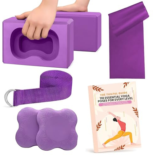 Yoga Blocks 2-Pack Kit with Strap & Free Ebook Guide – Non-Slip Yoga Accessories Set for Home, Gym & Pilates | Stretching, Splits & Exercise EVA Foam Bricks Gifts for Women (Yoga Block Set of 4)