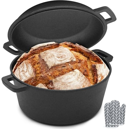 Cocotte de hierro fundido 2 en 1 con tapa, bandeja para pan – Olla de horno Ø26 cm, 4,7 L – Compatible con inducción y horno, cocción uniforme y duradera, sin revestimiento químico