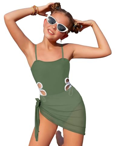 Costume da bagno da bambina con spalline regolabili, elegante sciarpa di seta per adolescenti, ragazze, costume da bagno estivo, moda da spiaggia, verde militare, 15-16 Anni