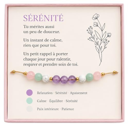 LouisAna Creation Bracelet Pierre Naturelle Femme - Améthyste, Amazonite & Howlite - Bracelet Sérénité et Relaxation - Cadeau Femme Bien-être avec Carte Message - Ajustable