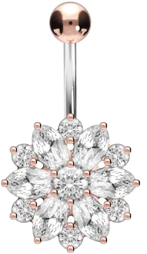 PIERCINGLINE titanium navel piercing with crystal flower - 925 silver - banana navel piercing in rose gold colours